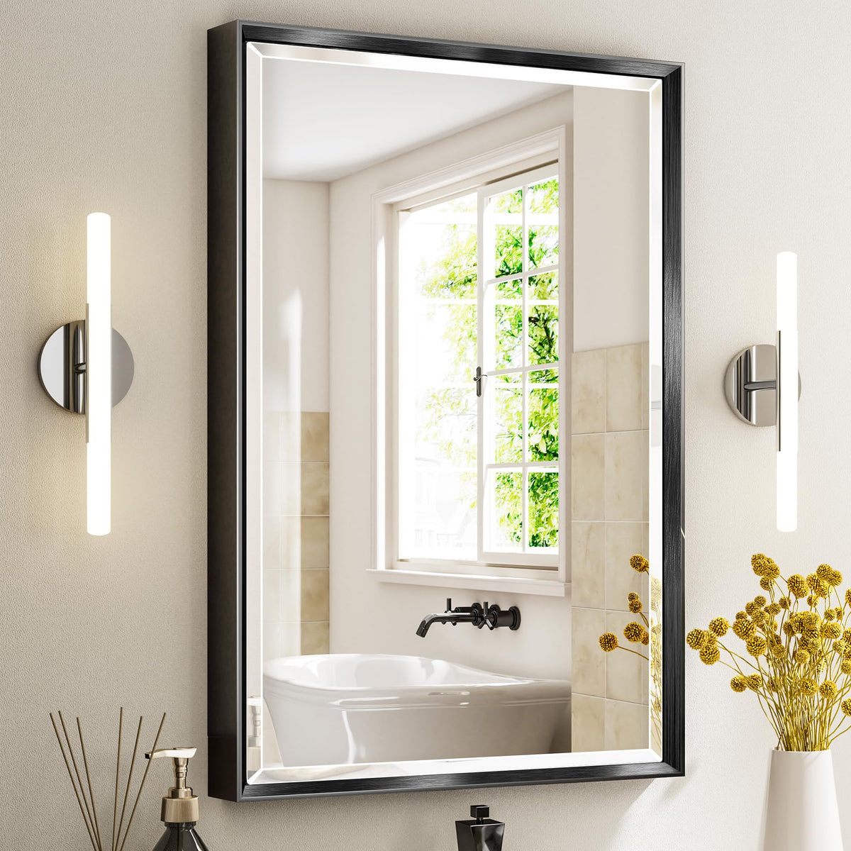 Brushed Nickel Bathroom Mirror, 24x32 Inch Beveled Framed Bathroom Mirror Anti-Rust, Brushed Nickel Metal Frame Bathroom Vanity Mirror for Wall, Vertical/Horizontal Wall-Mounted Mirrors