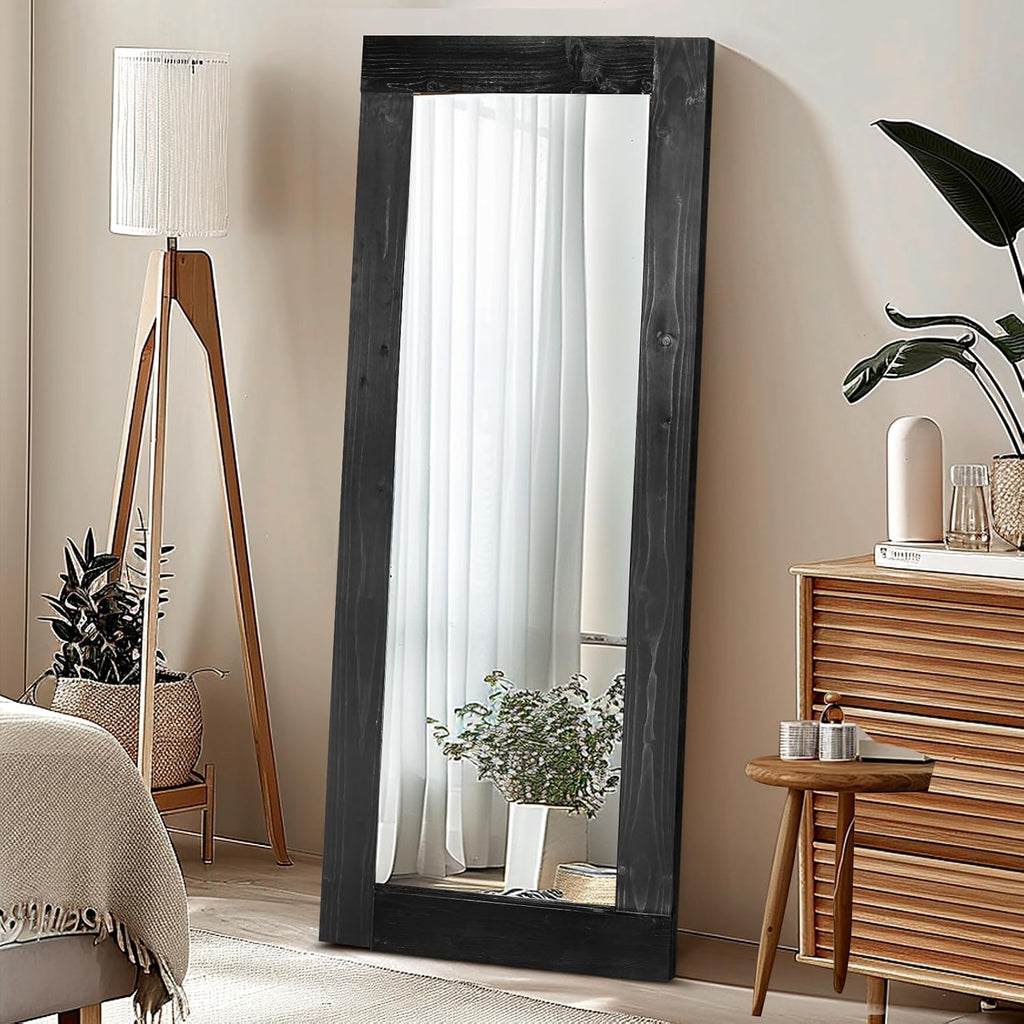 58x24in Full Length Mirror, Solid Wood Convex Frame, Black