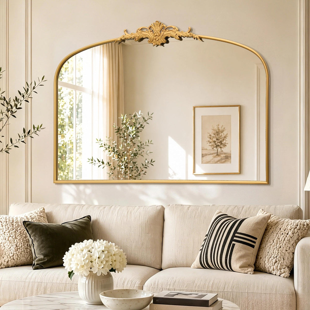 Besdomus Vintage Arched Gold Mirror: 40"x29" Large Brass Antique Decorative