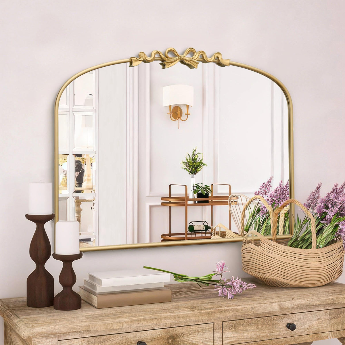 Besdomus Arched Mirror Full Length: 21"x56" Vintage Gold Bow Floor Mirrors