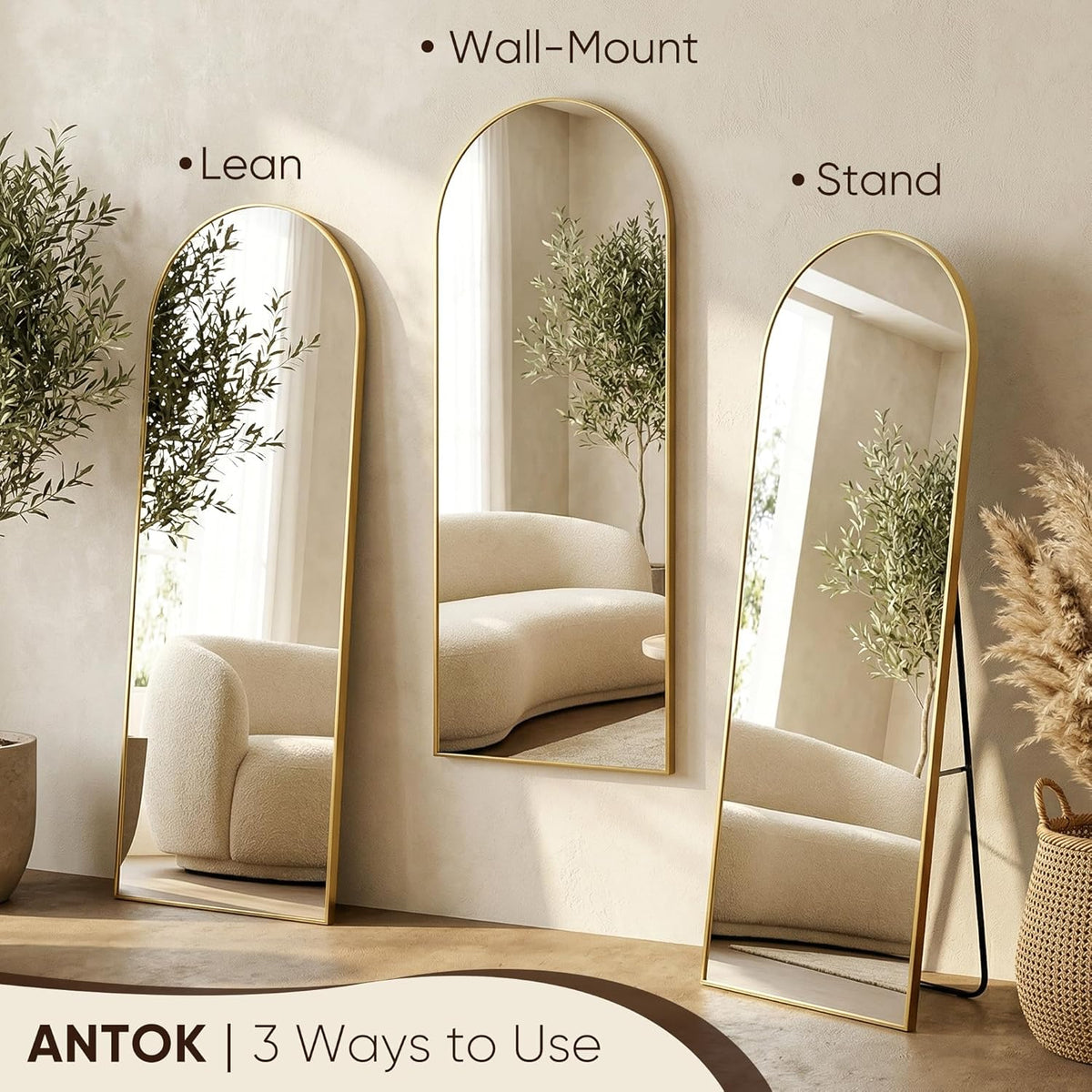 Antok 76" x34” Arched Full Length Mirror, Floor Mirror with Stand,Gold