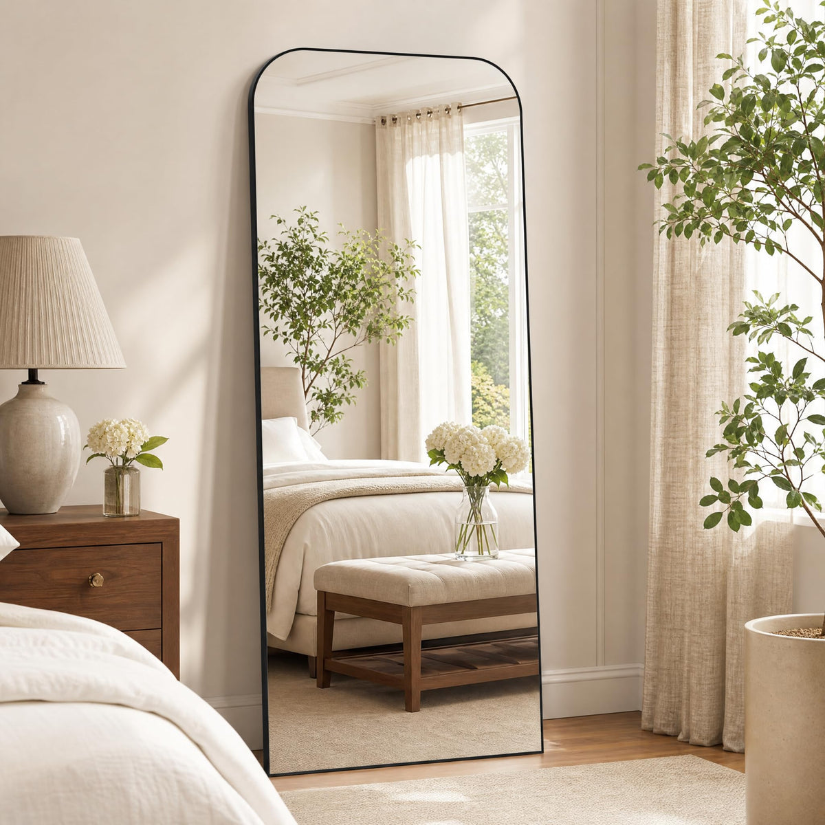 Arched Floor Standing Mirror 71"x26"Black with Top Round Corner