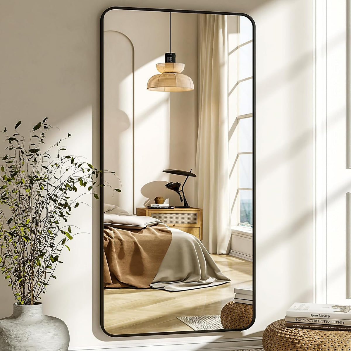 XRAMFY 76"x34" Floor Full Length Mirror Standing Full Body Rounded Corner Rectangle Mirrors with Stand Hanging Wall Mounted Leaning Bedroom Living Room Bedroom Cloakroom,Black