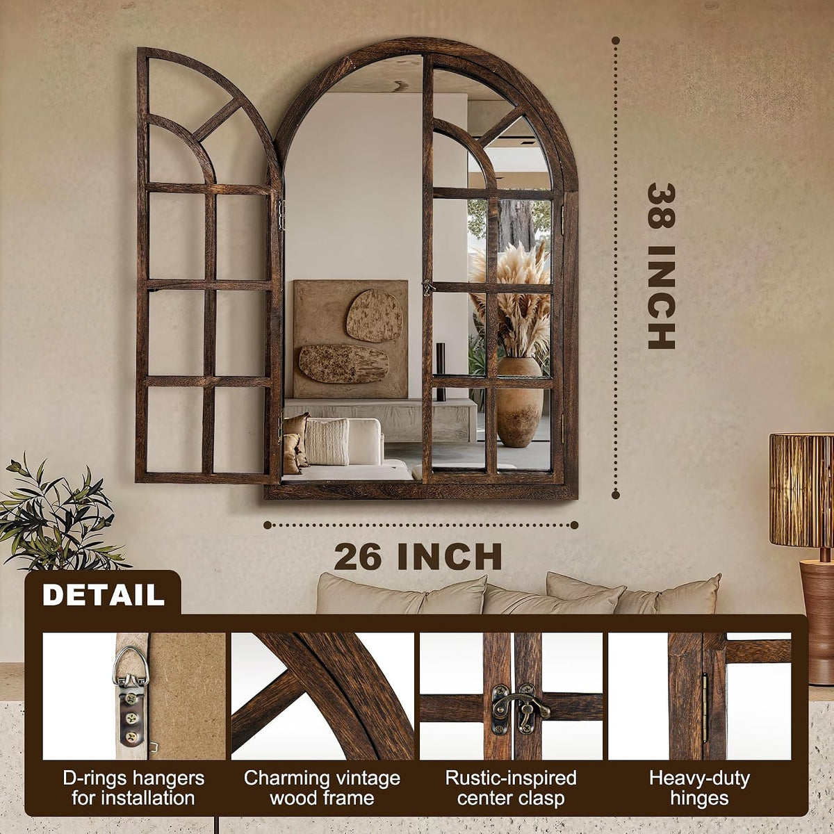 Farmhouse Window Mirror for Wall, 38”x26” Rustic Vintage Arch Mirror