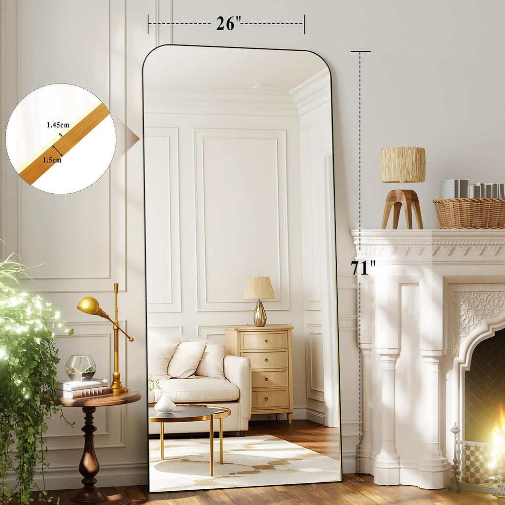 Arched Floor Standing Mirror 71"x26"Black with Top Round Corner