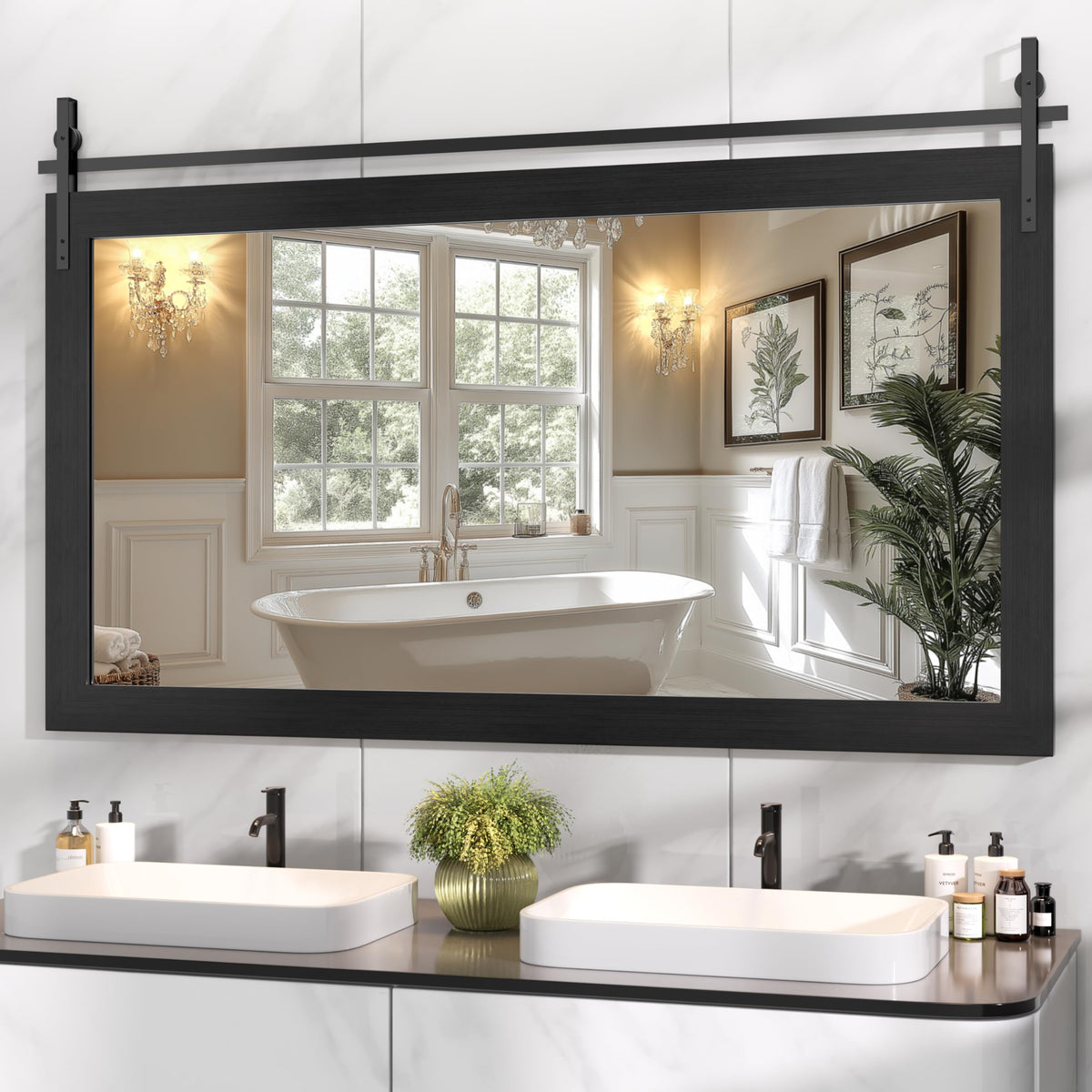 Hasipu Farmhouse Bathroom Mirror, 40"x26" Rustic Wood Framed Wall Mounted Mirror, Black Vintage Vanity Mirror Barn Door Style Decrative Mirrors