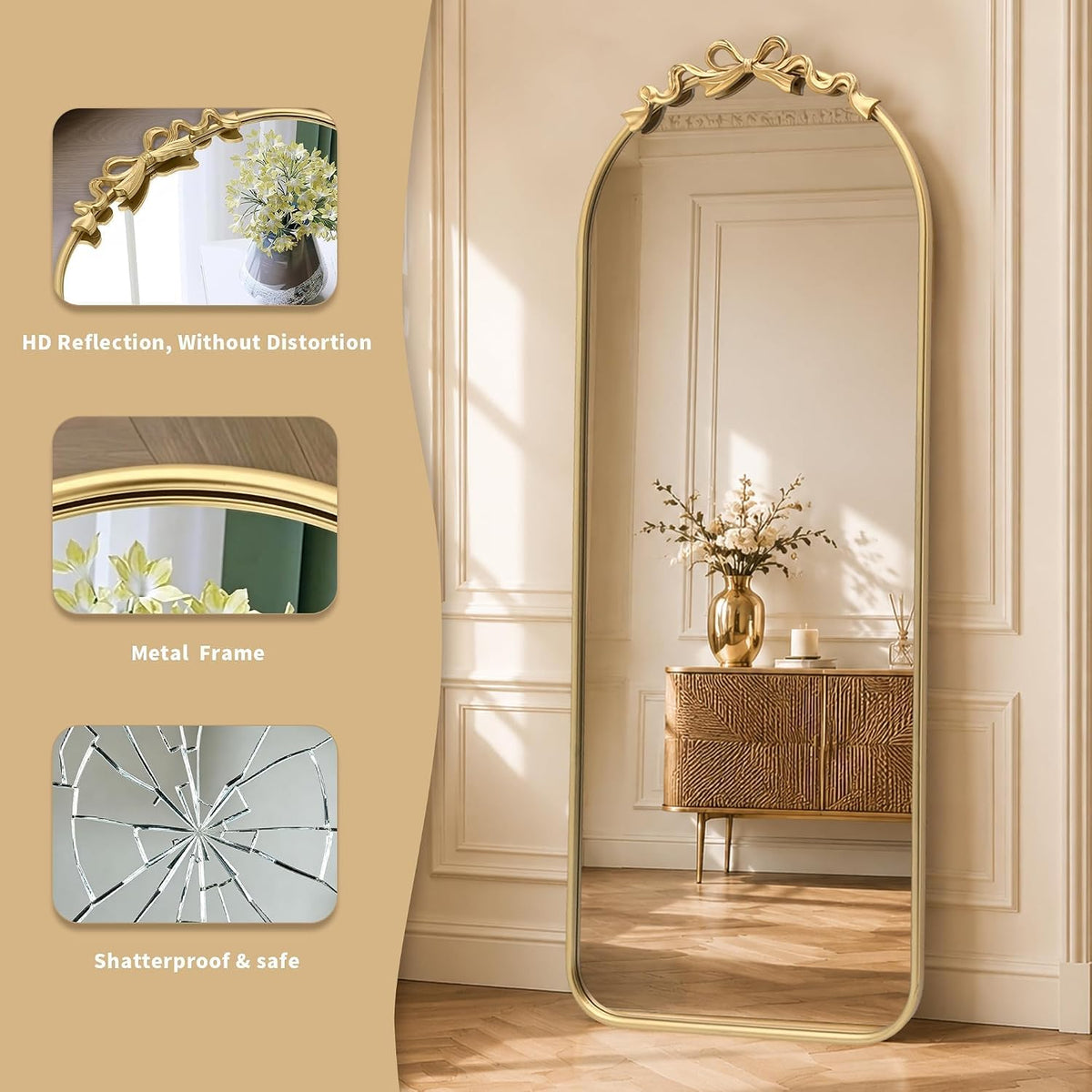 Besdomus Arched Mirror Full Length: 21"x56" Vintage Gold Bow Floor Mirrors