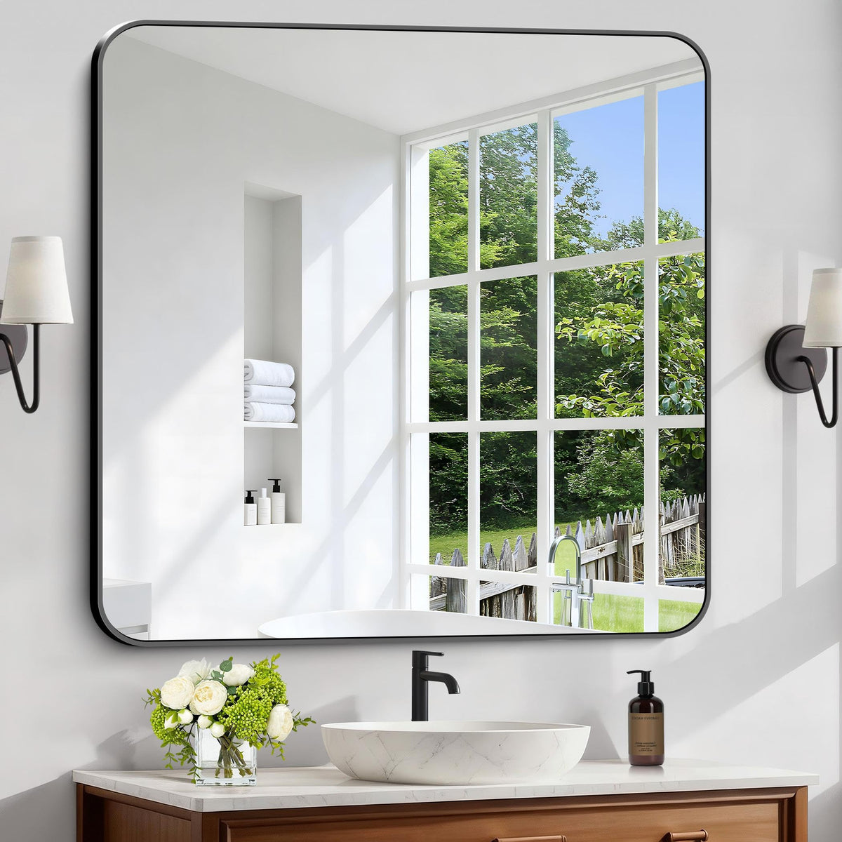 Black Bathroom Mirror, 28x42 inch Aluminum Metal Frame Rectangular Vanity Mirror, Wall Mounted Rectangle Mirrors with Rounded Corner for Bedroom Living Room Hangs Horizontal Or Vertical