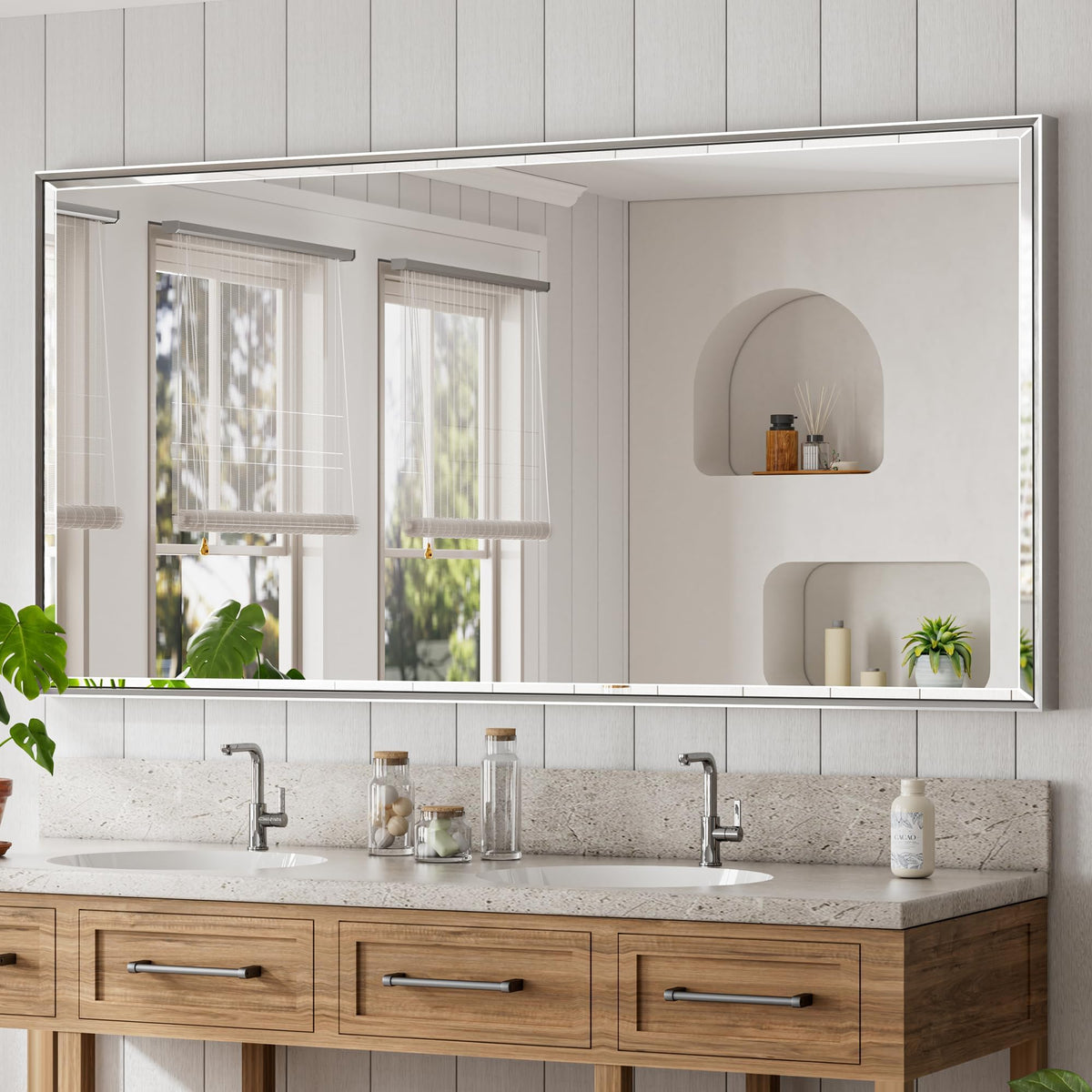 Brushed Nickel Bathroom Mirror, 24x32 Inch Beveled Framed Bathroom Mirror Anti-Rust, Brushed Nickel Metal Frame Bathroom Vanity Mirror for Wall, Vertical/Horizontal Wall-Mounted Mirrors