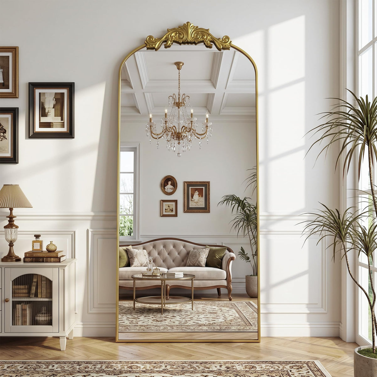 Antok Arched Full Length Mirror, 71"x28" Floor Mirror with Carved, Bronze