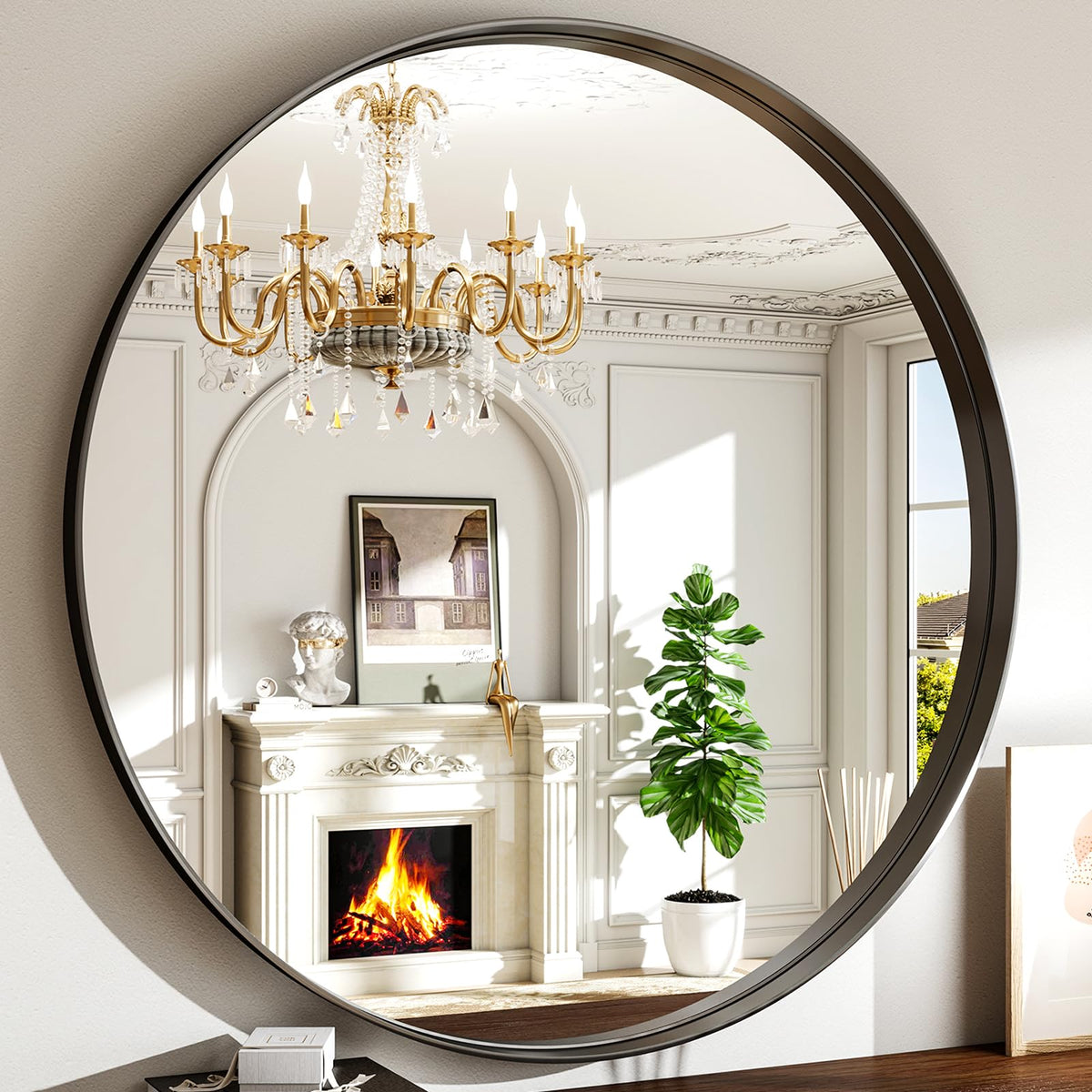 42 Inch Round Bathroom Mirror - Black Wall Mounted Circle Mirror with Metal Frame, Modern Round Hanging Mirror Suitable for Bathroom, Vanity, Entryway, Living Room