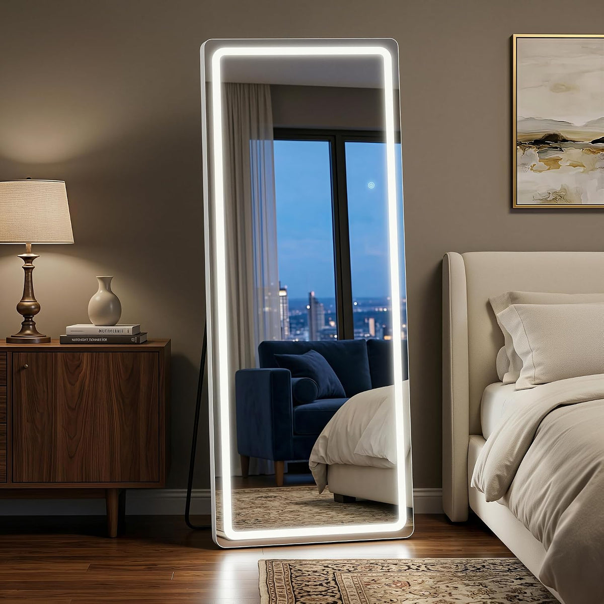 71"x32" Full Length Mirror with LED Lights, Dimmable Lighted Floor Mirror with 3 Color Lighting & Touch Control, Standing or Wall Mounted Full Body Mirror for Bedroom Dressing Room, White