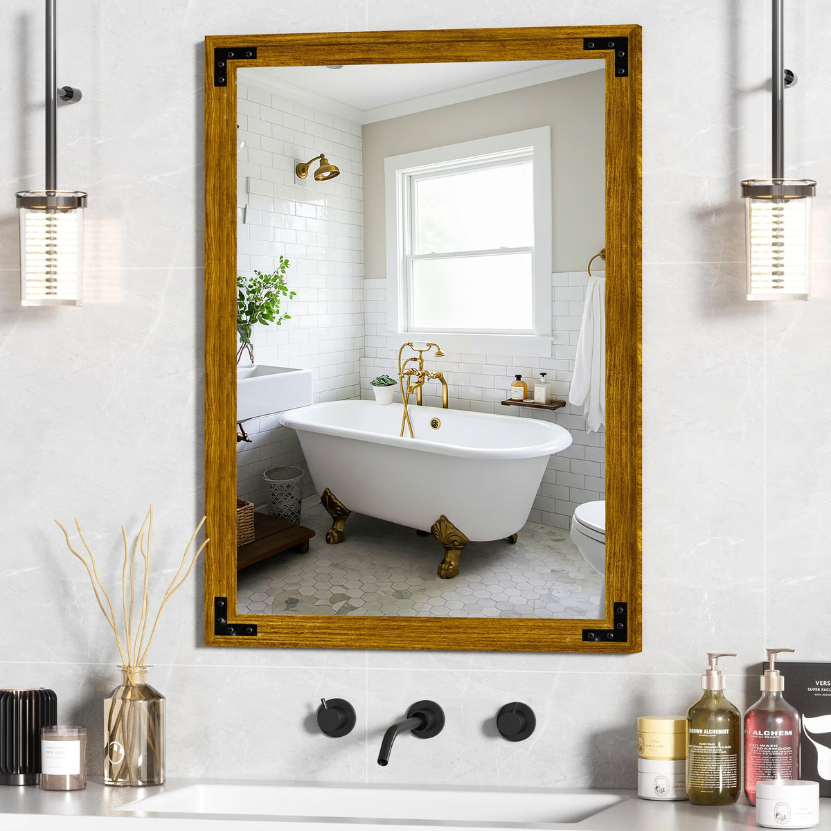 Hasipu Farmhouse Bathroom Mirror, 40"x26" Rustic Wood Framed Wall Mounted Mirror, Black Vintage Vanity Mirror Barn Door Style Decrative Mirrors