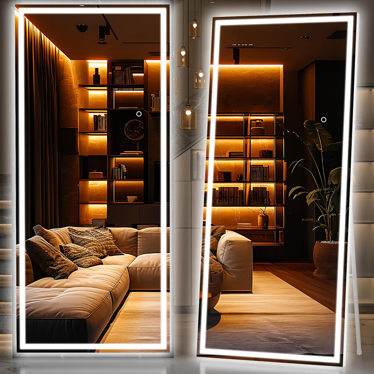 Hasipu Full Length Mirror with Lights, 67" x 20" LED Lighted Floor Standing, Full Body Dressing Hanging Mounted Mirror, Tempered Glass, Square White