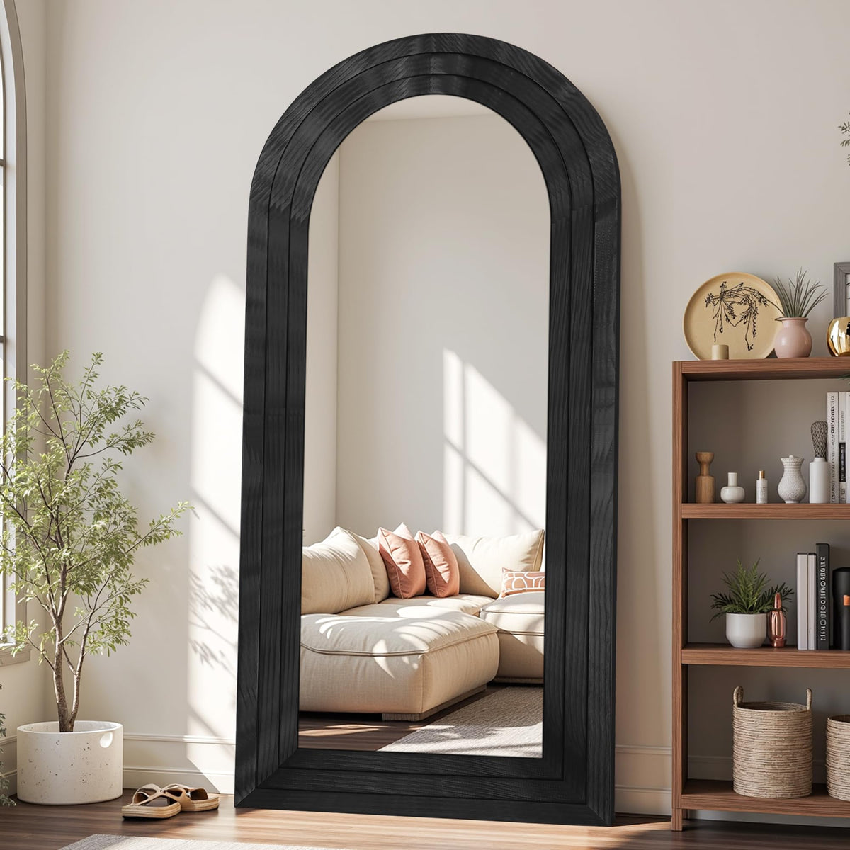 Antok Full Length Mirror with Solid Wood Frame, 71"×32" Wall Mounted Oversized Floor Mirror with Stand, Leaning Standing Hanging for Bedroom Living Room Entryway, Walnut, Arched Syle