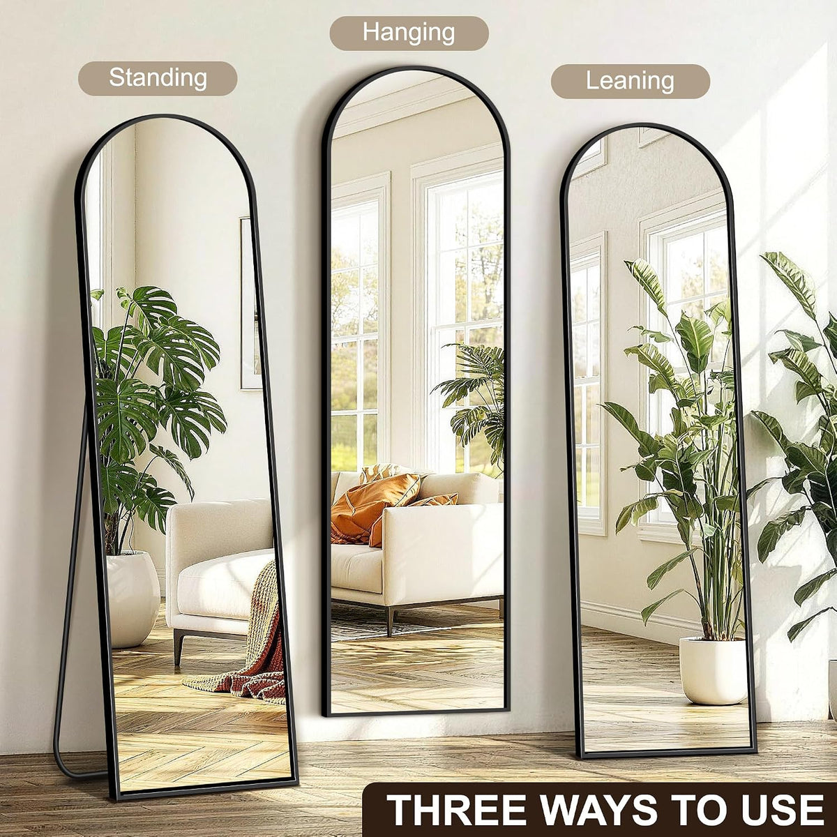 Arched Full Length Mirror with Stand, 56"x15" Full Body Floor Mirror, Black