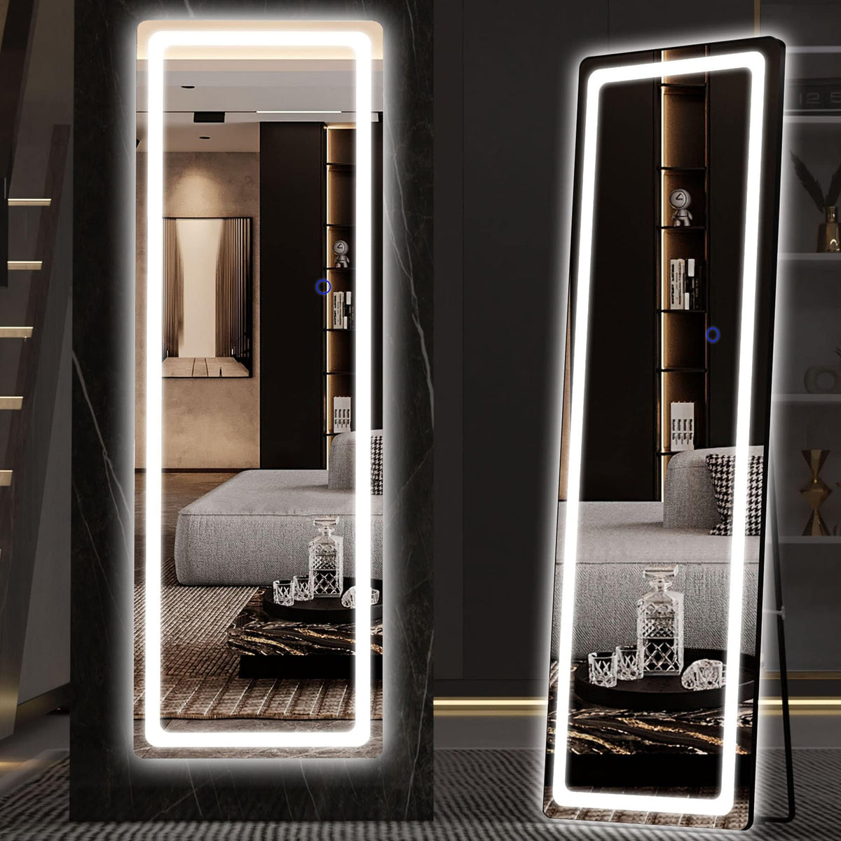 Hasipu Full Length Mirror with Lights, 67" x 20" LED Lighted Floor Standing, Full Body Dressing Hanging Mounted Mirror, Tempered Glass, Square White