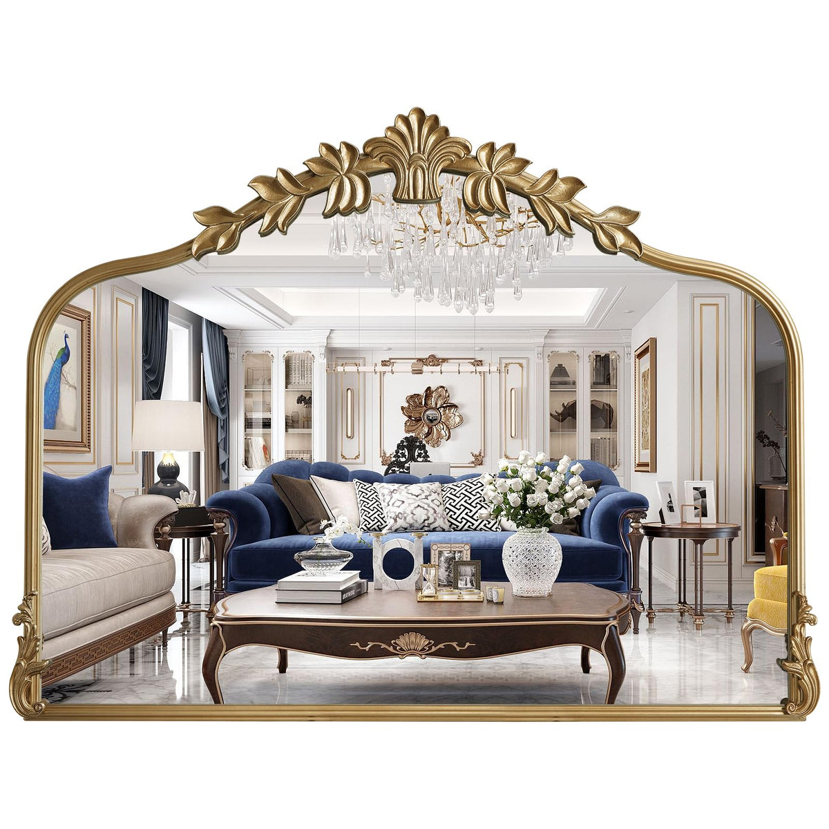WallBeyond Gold Vintage Mirror for Vanity 32x24 Inch, Gold Antique Mirror with Ornate Frame, Arched Vintage Wall for Bathroom, Living Room, Fireplace, Entryway