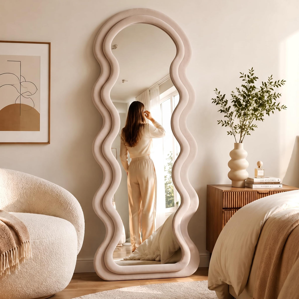 BOJOY Full Length Mirror 63"x24", Irregular Wavy Mirror, Wave Arched Floor Mirror, Wall Mirror Standing Hanging or Leaning Against Wall for Bedroom, Flannel Wrapped Wooden Frame, Milk Tea Color