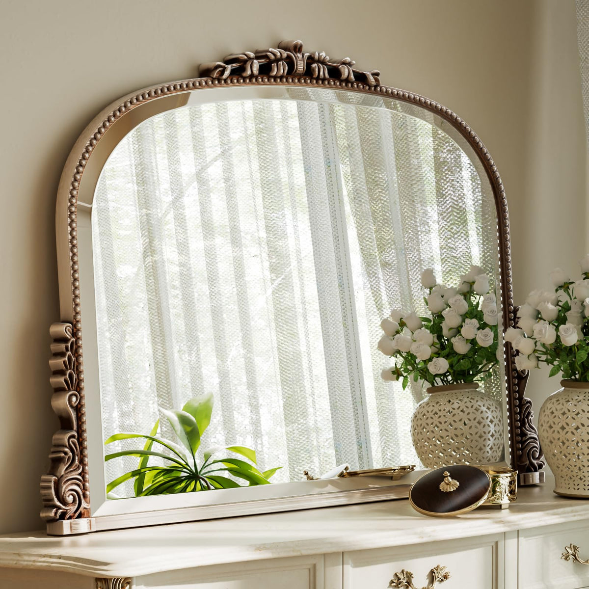 24"×32" Bronze Arched Wall Mirror with Vintage Carving