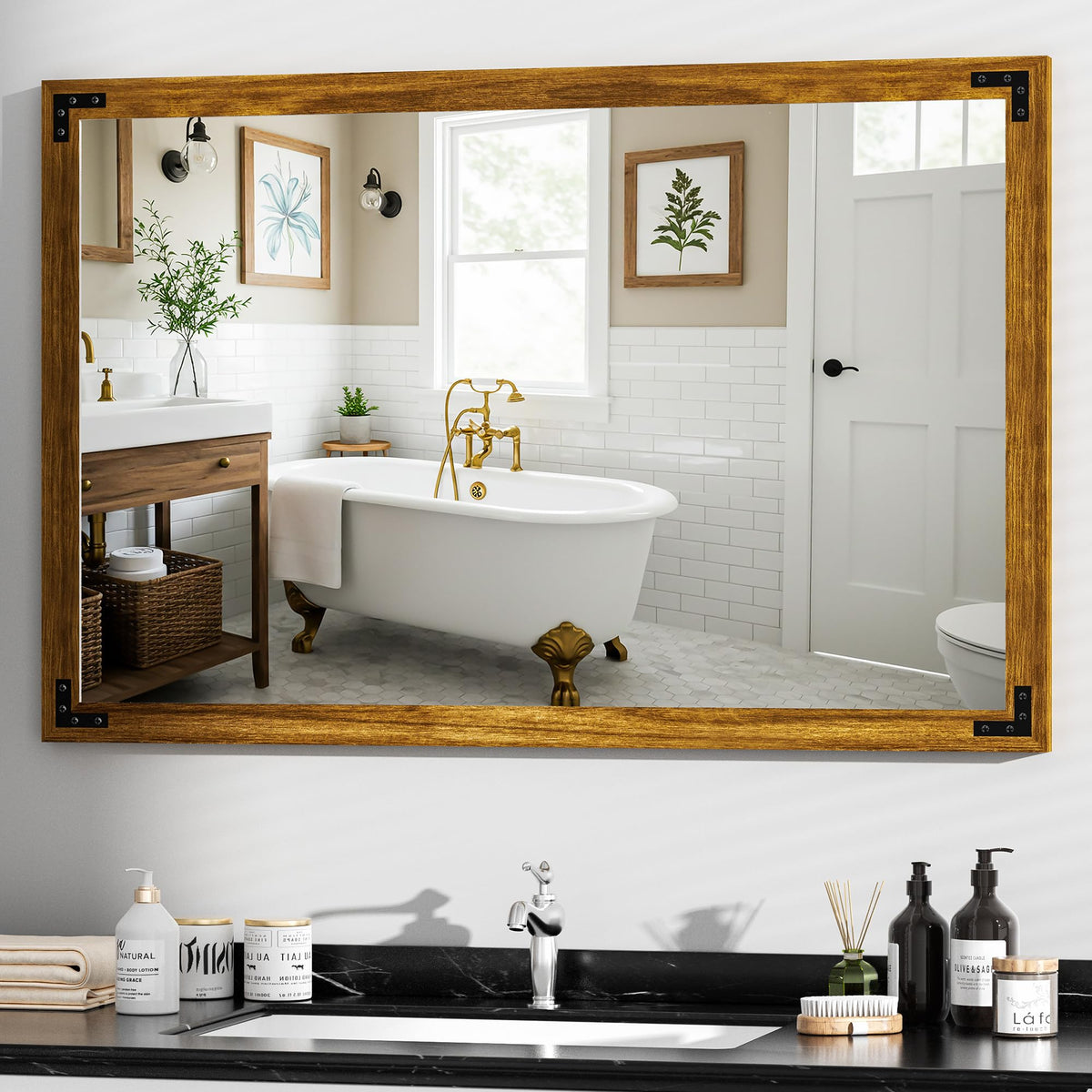 Hasipu Farmhouse Bathroom Mirror, 40"x26" Rustic Wood Framed Wall Mounted Mirror, Black Vintage Vanity Mirror Barn Door Style Decrative Mirrors