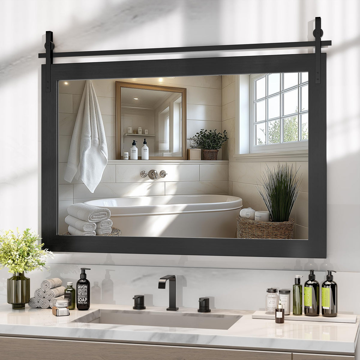 Hasipu Farmhouse Bathroom Mirror, 40"x26" Rustic Wood Framed Wall Mounted Mirror, Black Vintage Vanity Mirror Barn Door Style Decrative Mirrors