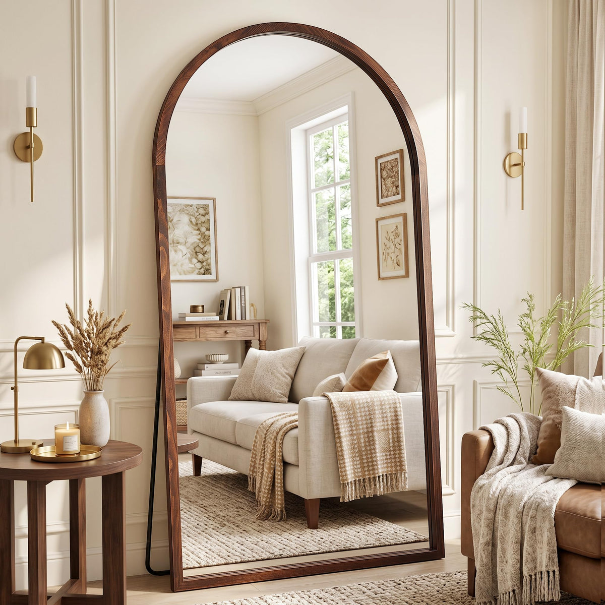 82"x44" Arched Full Length Mirror with Wide Wood Frame,Natural Wood