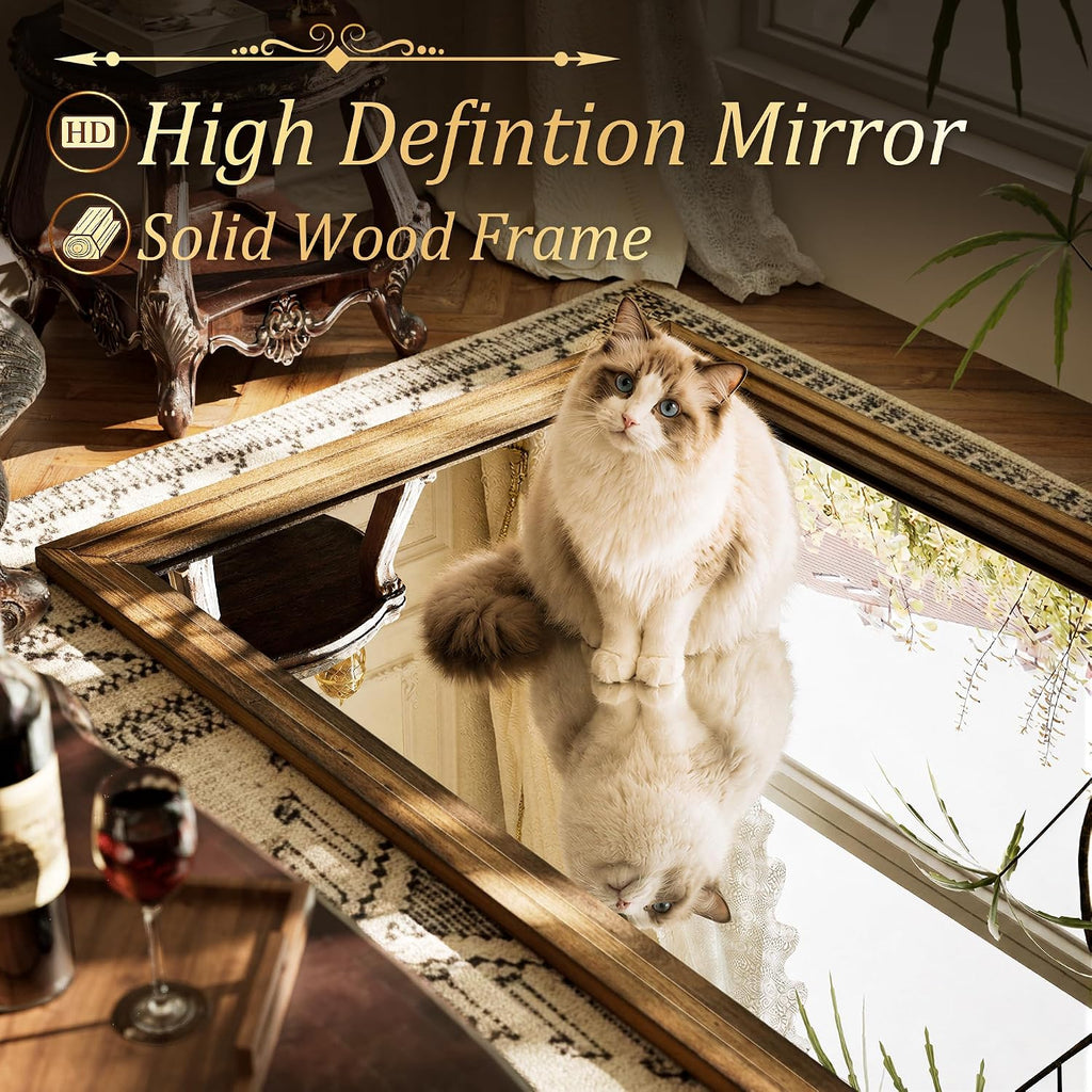 Full Length Mirror with Solid Wood Frame, 65"x22" Floor Mirror, Walnut