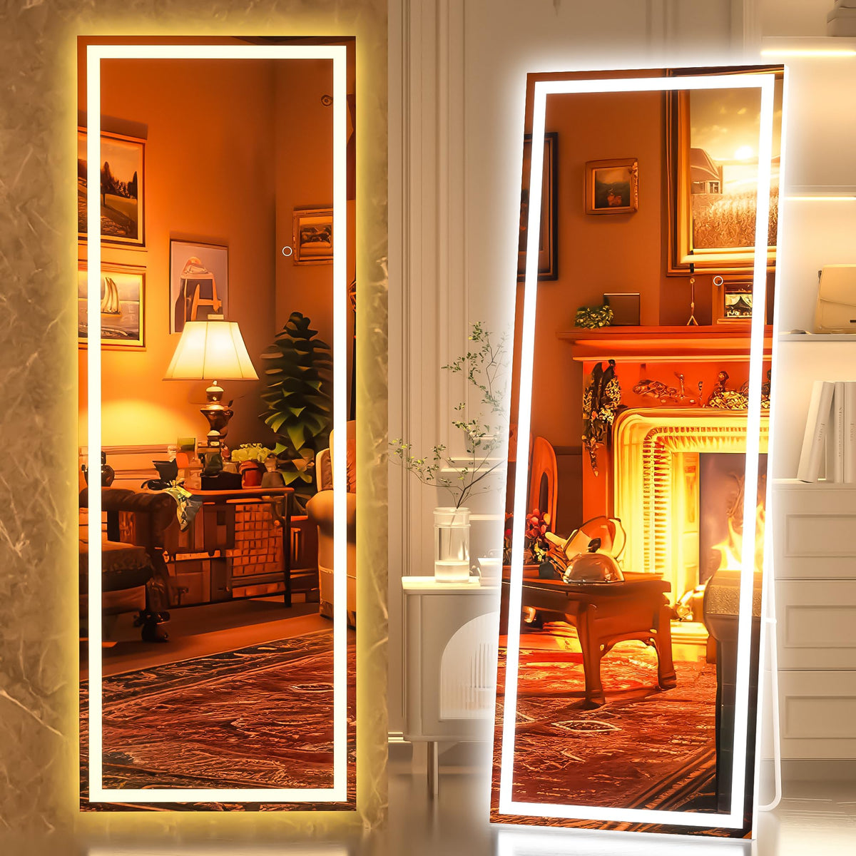Hasipu Full Length Mirror with Lights, 67" x 20" LED Lighted Floor Standing, Full Body Dressing Hanging Mounted Mirror, Tempered Glass, Square White