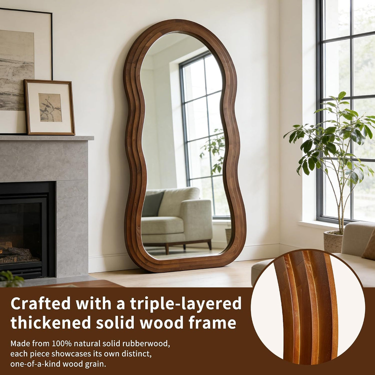 71"x33.5" Wavy Full Length Mirror with 3-Layer Solid Wood Frame