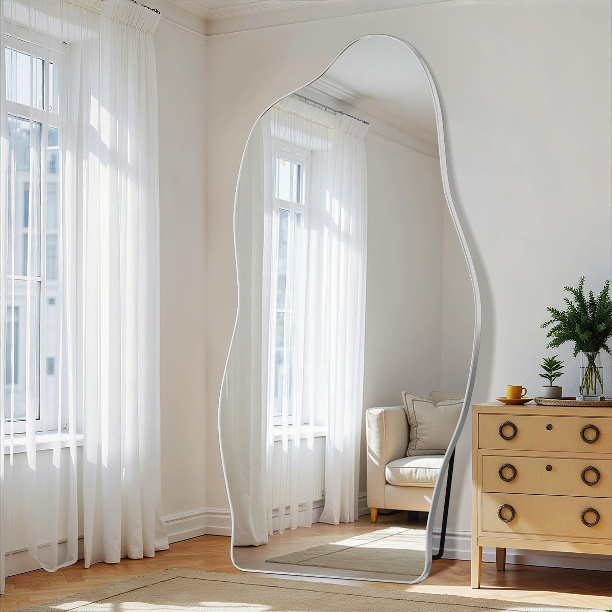 Antok Irregular Full Length Mirror, 76"x36" Asymmetrical Floor Mirror with Stand, Standing Hanging Leaning Irregular Mirrors for Bedroom Living Room Entryway, Wavy Shaped, Black