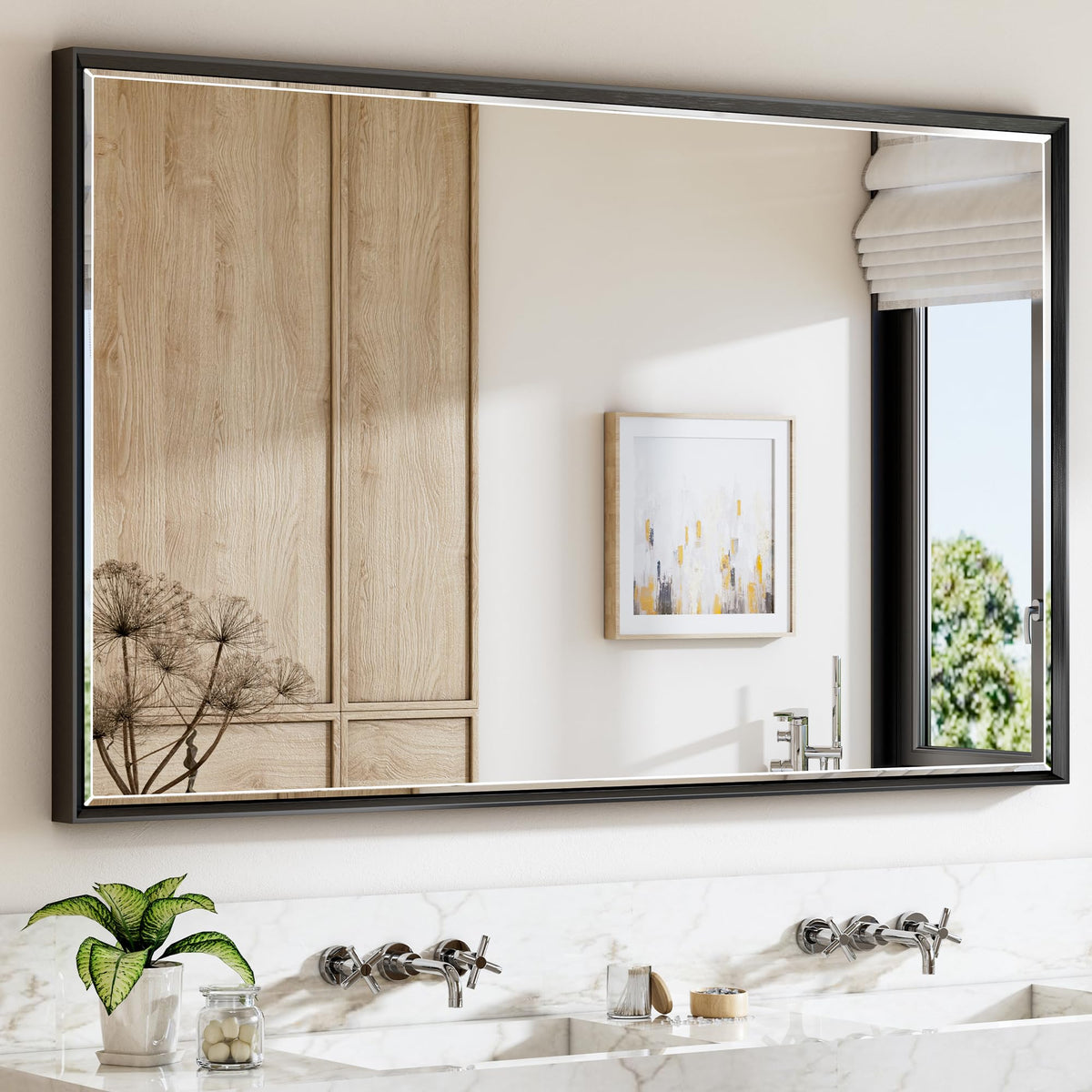 Brushed Nickel Bathroom Mirror, 24x32 Inch Beveled Framed Bathroom Mirror Anti-Rust, Brushed Nickel Metal Frame Bathroom Vanity Mirror for Wall, Vertical/Horizontal Wall-Mounted Mirrors
