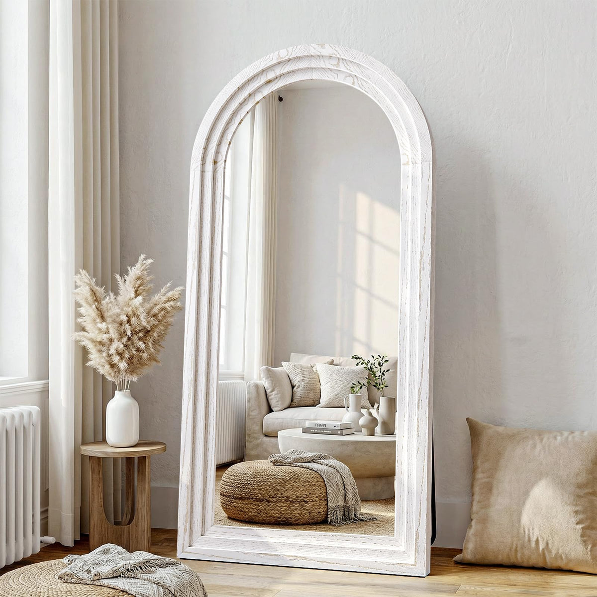 24"x65" Full Length Mirror Solid Wood Frame, Arched Floor Mirror Full Length with Stand, Room Decor Big Full Body Mirror with HD Tempered Glass for Bedroom, Living Room, Walnut Wood