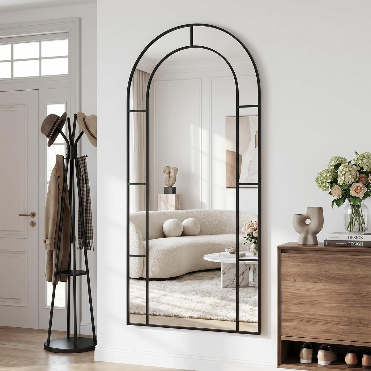 76" x 34" Arched Full Length Floor Mirror, Farmhouse Window Pane Mirror with Metal Frame, Decorative Leaning or Wall Mounted Mirror for Bedroom, Living Room, Entryway, Black