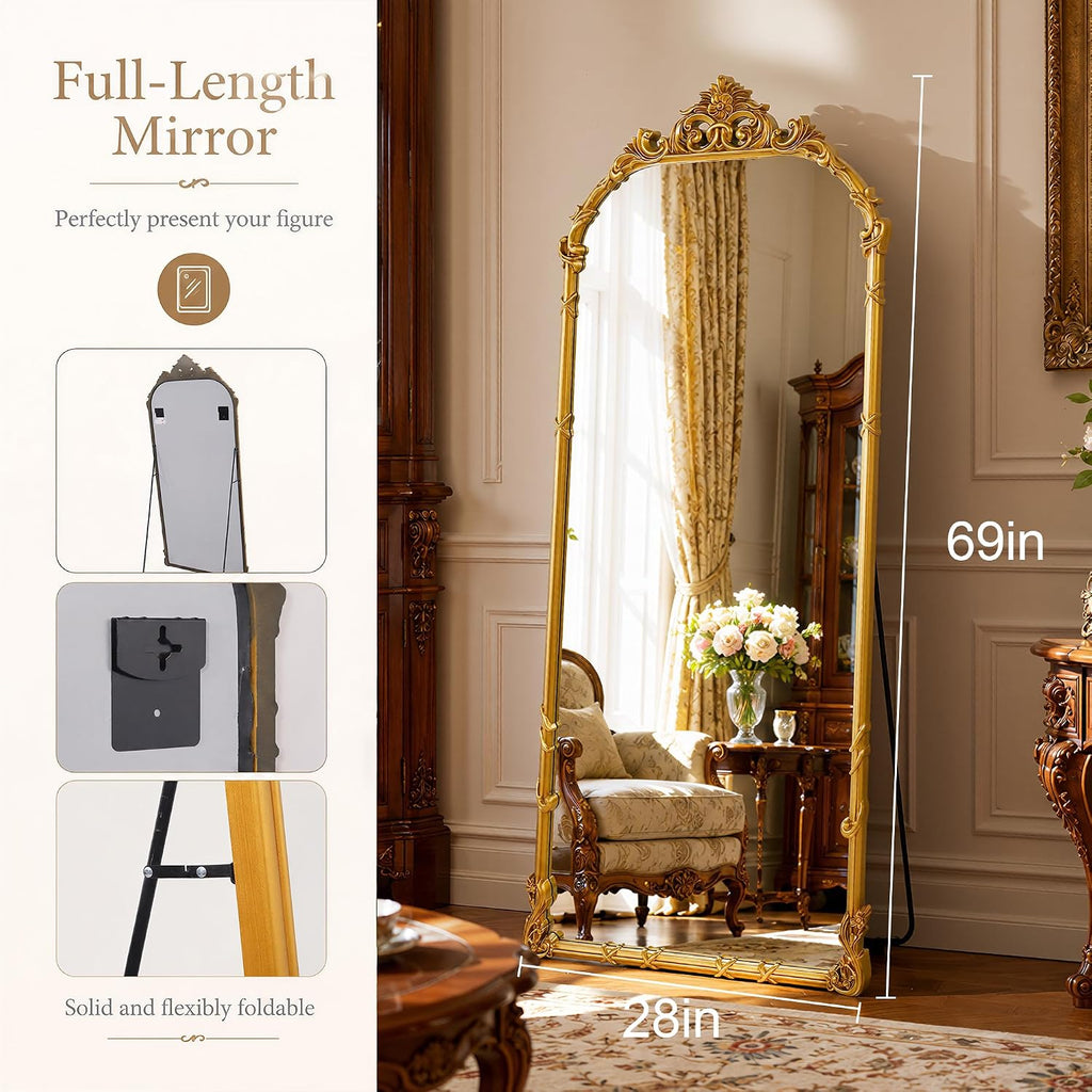 69"x28" Antique Gold Arched Vintage Floor Mirror with PU Frame