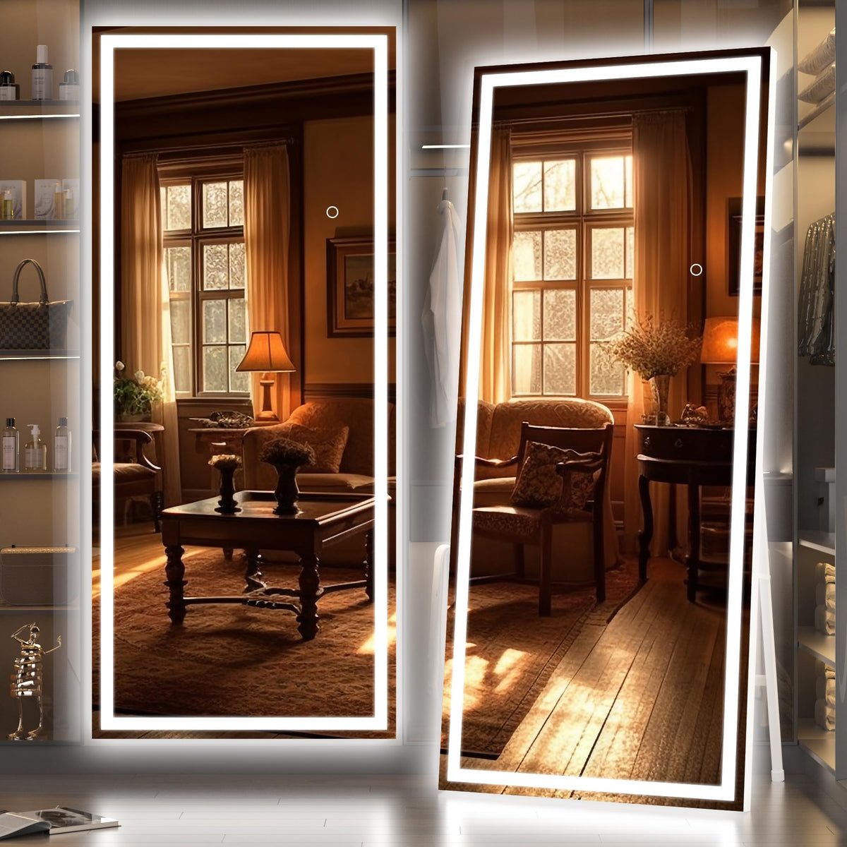 Hasipu Full Length Mirror with Lights, 67" x 20" LED Lighted Floor Standing, Full Body Dressing Hanging Mounted Mirror, Tempered Glass, Square White