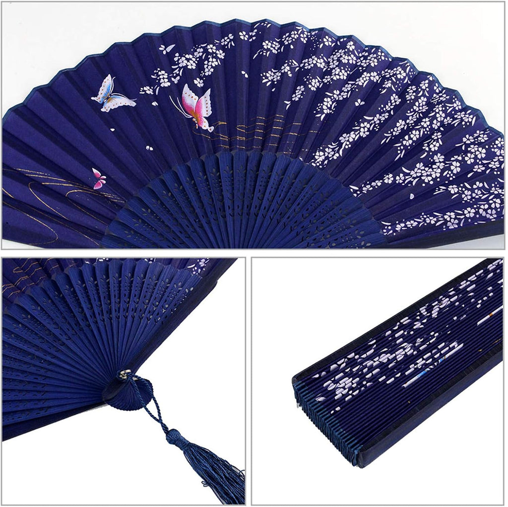 Bantoye 2Pcs Handheld Fans Silk Folding Fans with Bamboo Frames, White Blue