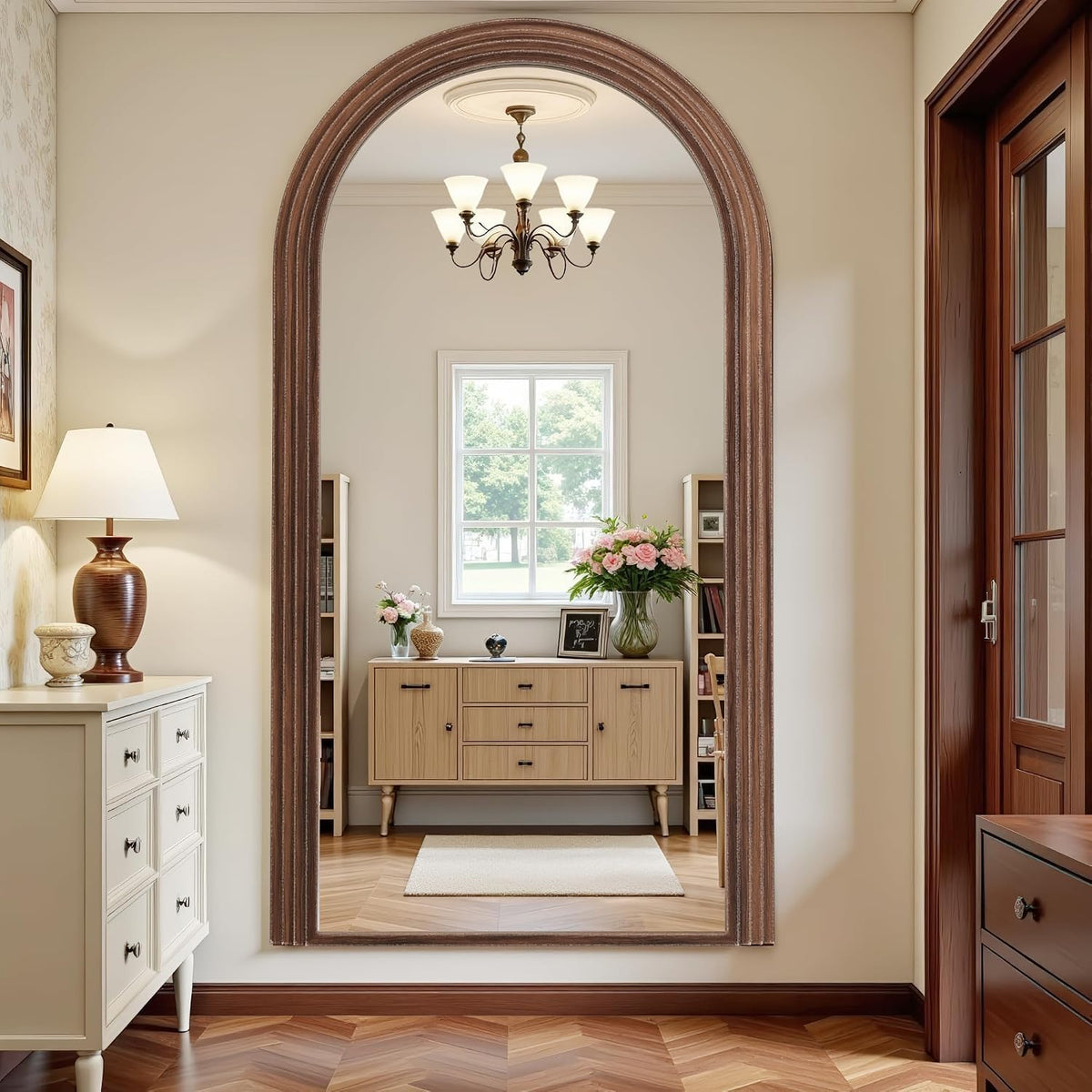 Antok Full Length Mirror 76"×41" Floor Mirror Standing Tall Mirror, Arched Stand up Large Wall Mirrors, Freestanding Full Body Mirrors for Bedroom Living Room Wood Vintage Style Nature