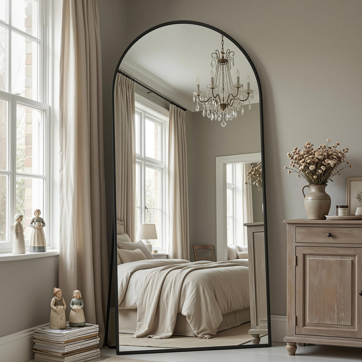 Antok 58" x 20" Arched Full Length Floor Mirror, Aluminum Frame, Black