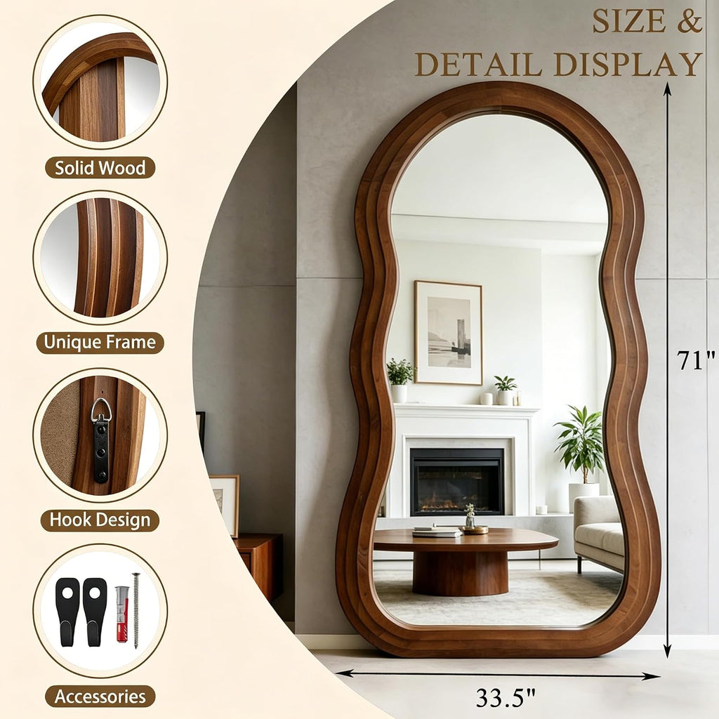 71"x33.5" Wavy Full Length Mirror with 3-Layer Solid Wood Frame