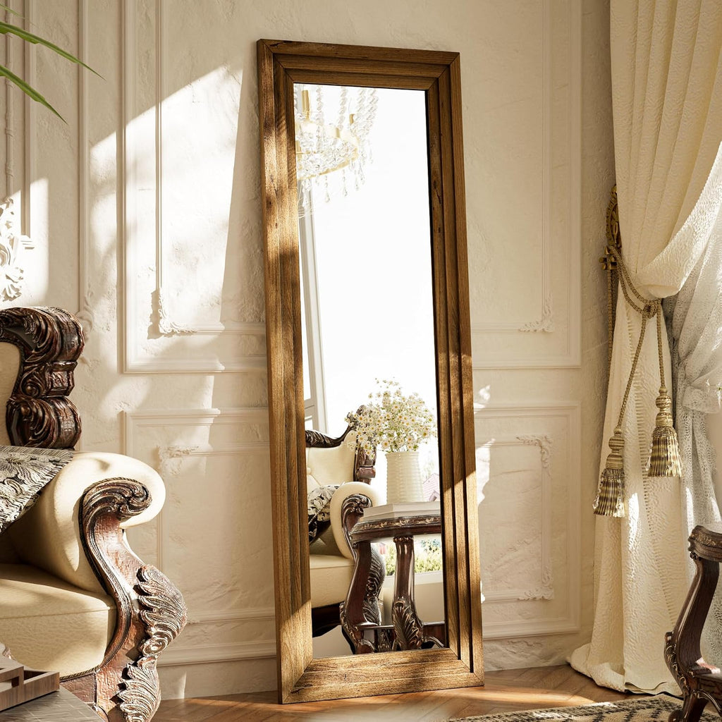 Full Length Mirror with Solid Wood Frame, 65"x22" Floor Mirror, Walnut