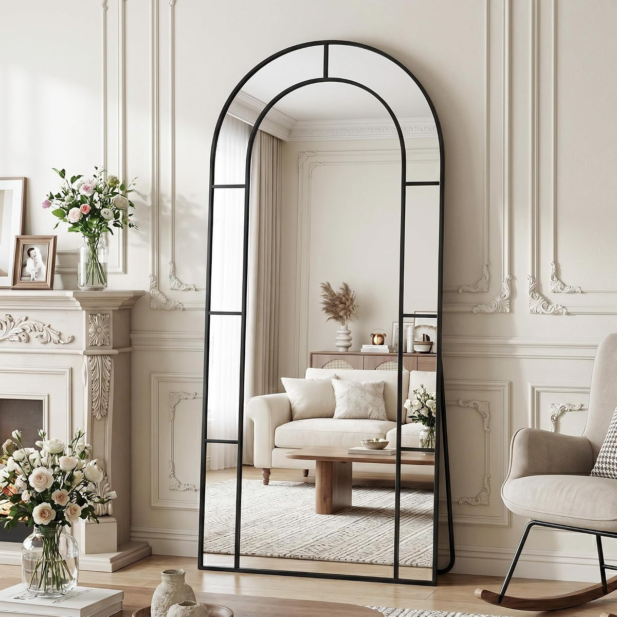 76" x 34" Arched Full Length Floor Mirror, Farmhouse Window Pane Mirror with Metal Frame, Decorative Leaning or Wall Mounted Mirror for Bedroom, Living Room, Entryway, Black