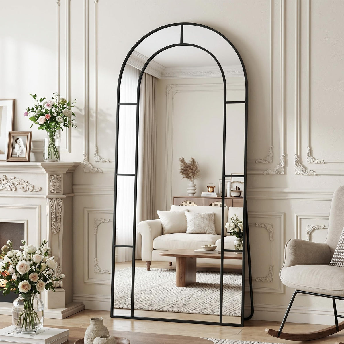 76" x 34" Arched Full Length Floor Mirror, Farmhouse Window Pane Mirror with Metal Frame, Decorative Leaning or Wall Mounted Mirror for Bedroom, Living Room, Entryway, Black