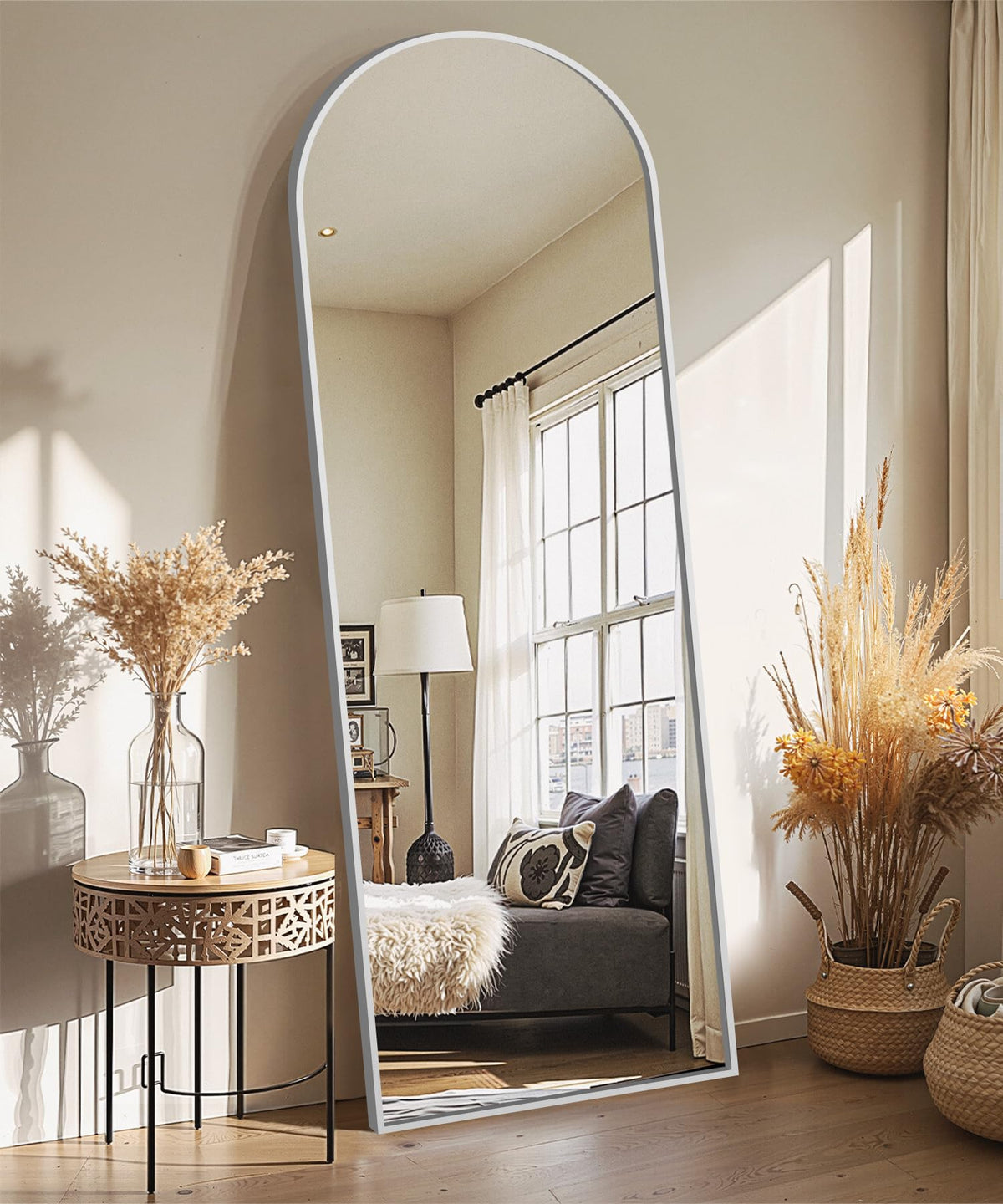 Delma Arched Full Length Mirror with Stand, 75x35 Black Floor Mirror