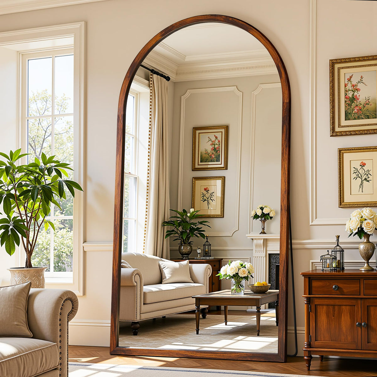 Antok Full Length Mirror 82"×44" Floor Mirror Standing Tall Mirror, Arched Stand up Large Wall Mirrors, Freestanding Full Body Mirrors for Bedroom Living Room Wood Vintage Style Nature