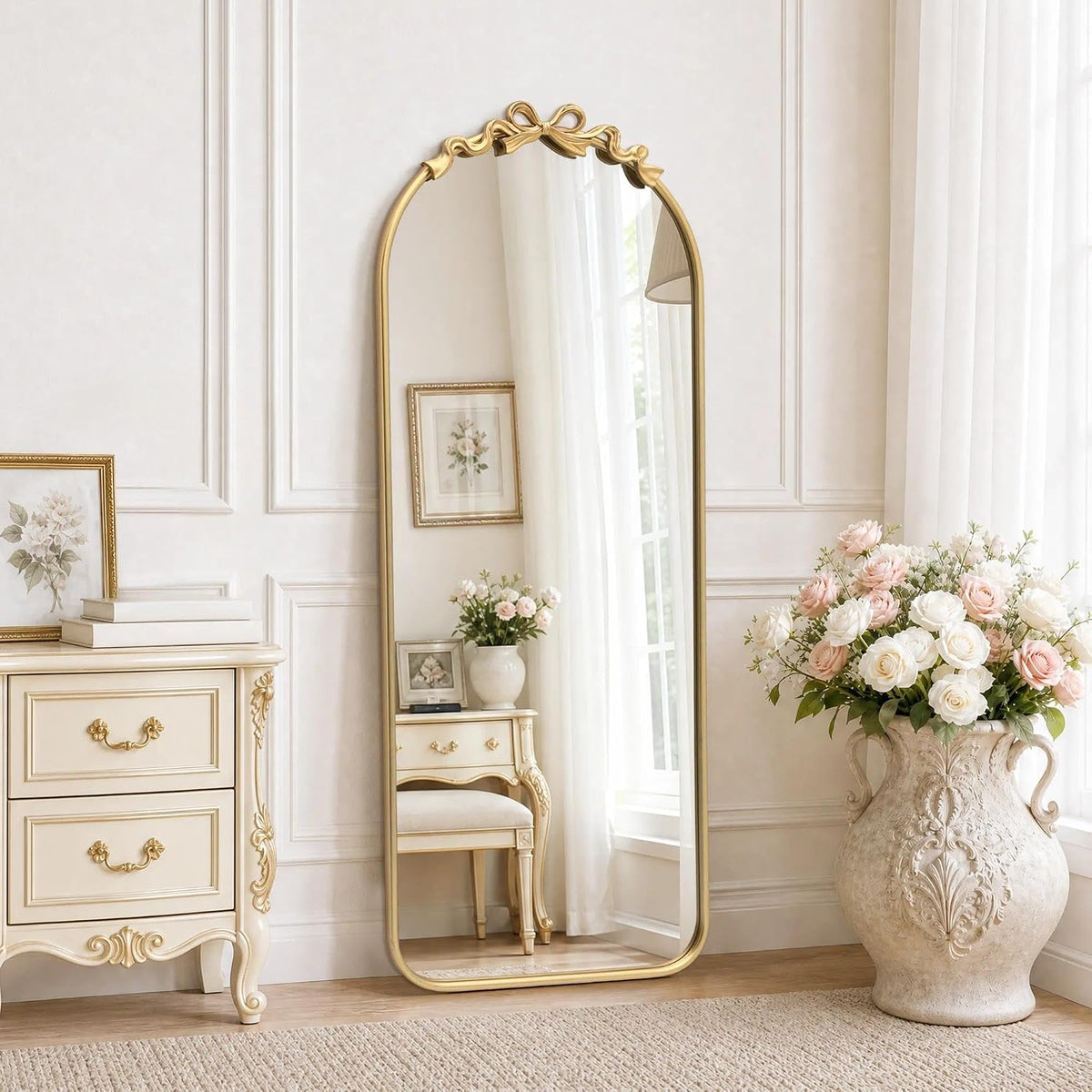 Besdomus Arched Mirror Full Length: 21"x56" Vintage Gold Bow Floor Mirrors