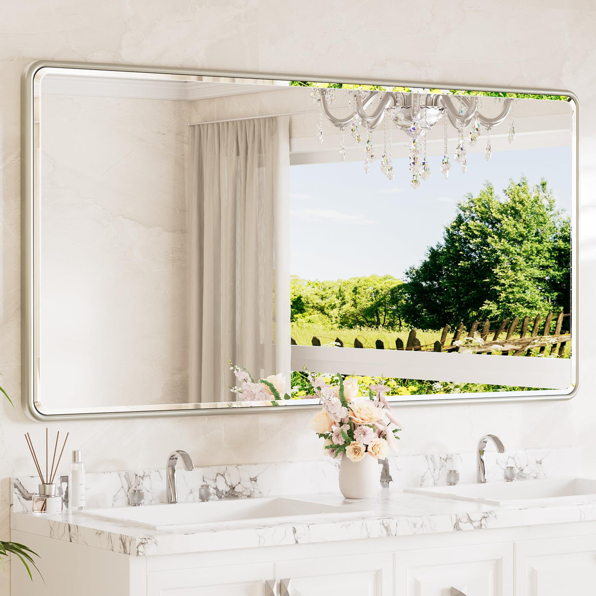 TETOTE Brushed Nickel Mirror 20 x 30 Beveled Edge Tempered Glass, Rounded Corner Rectangle Bathroom Mirror for Over Sink for Modern Bathroom, Living Room, Bedroom, Entryway