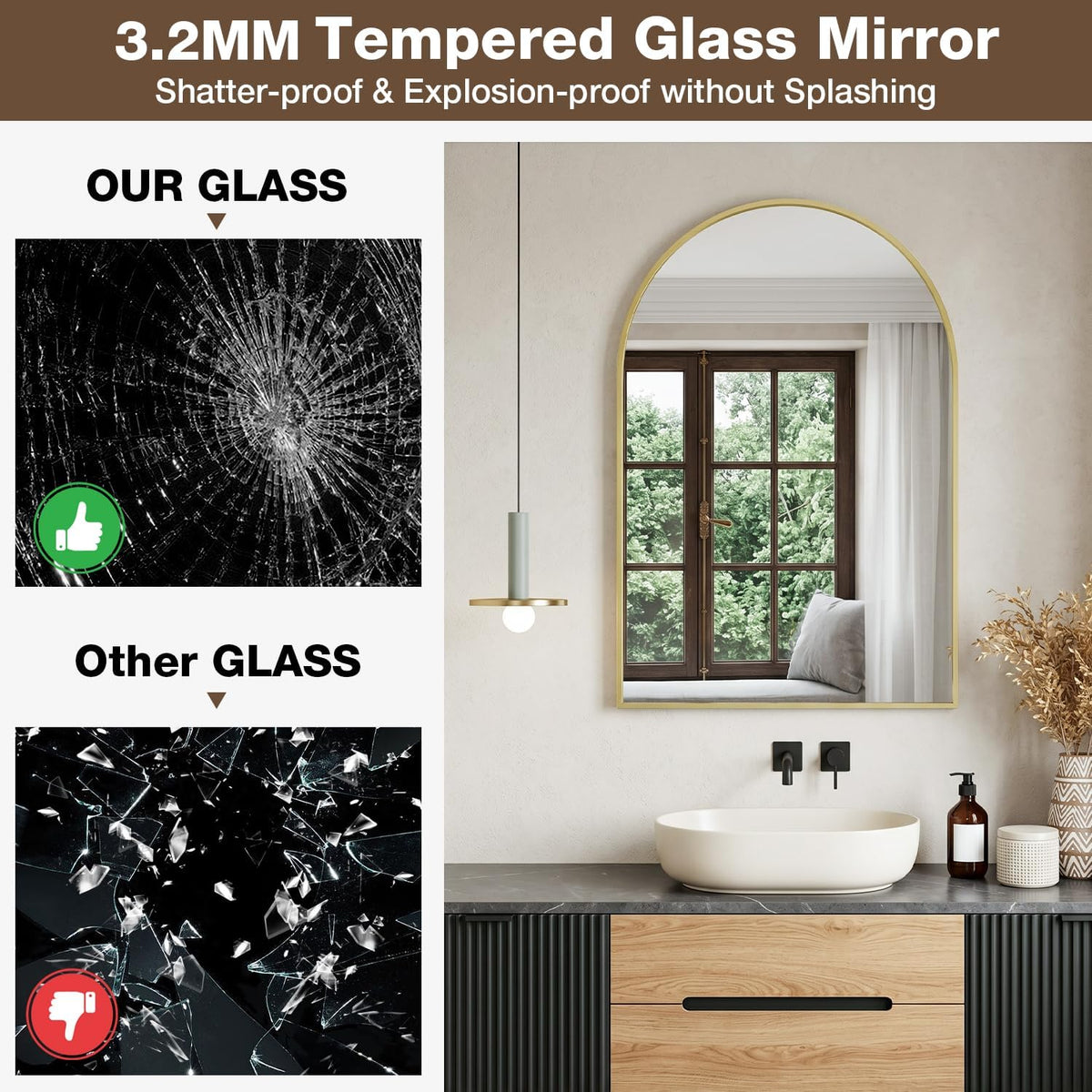 24"x36" Brushed Gold Arched Vanity Bathroom Mirror, Set of 2