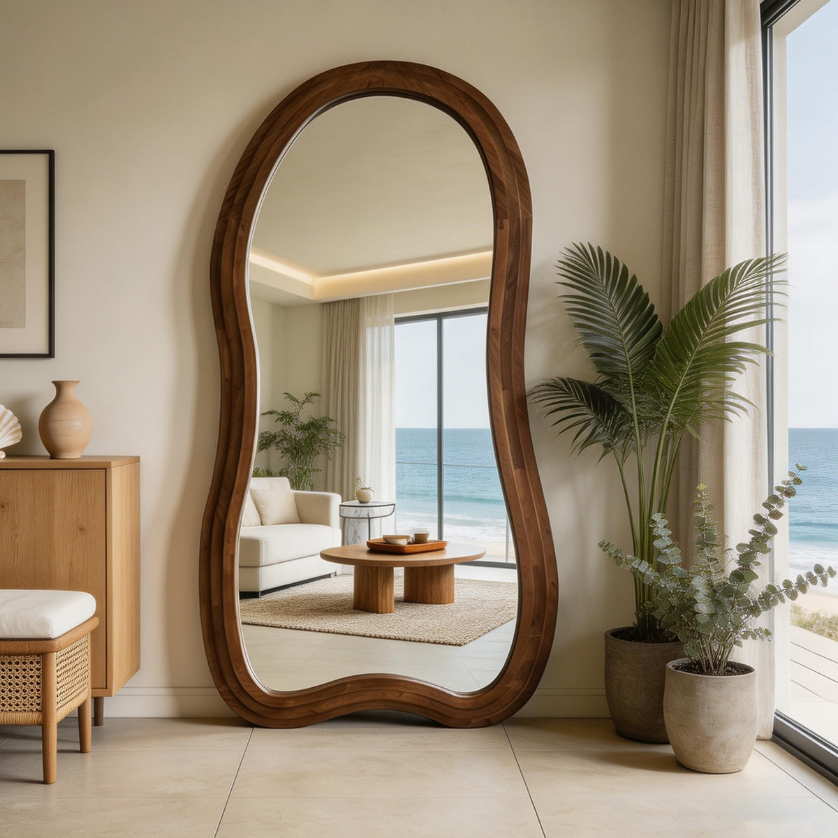 71"x33.5" Wavy Full Length Mirror with 3-Layer Solid Wood Frame