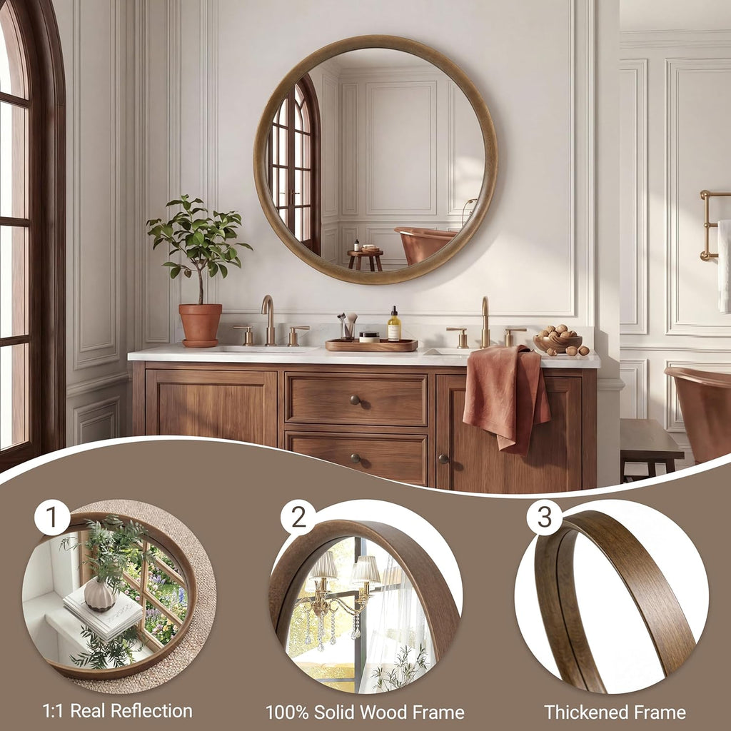 Brakki Round Wall Mirror with Wood Frame, 36" Circle Mirror for Bathroom